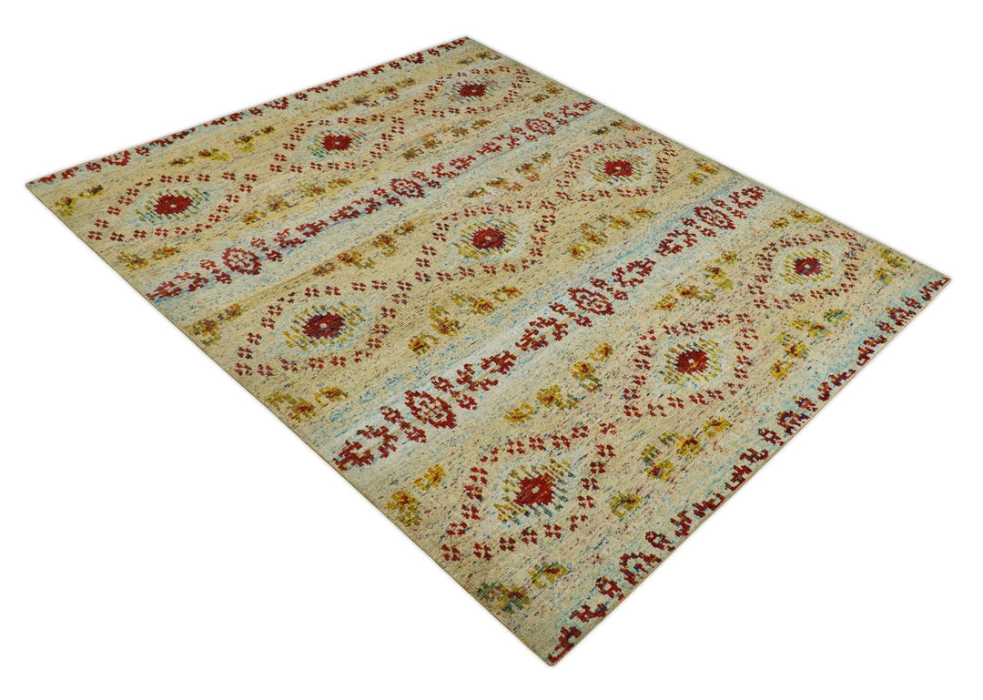 8x10 Hand Knotted Blue, Rust and Camel Persian made of Recycled Silk Area Rug | OP19 - The Rug Decor
