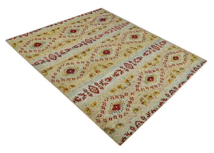 8x10 Hand Knotted Blue, Rust and Camel Persian made of Recycled Silk Area Rug | OP19 - The Rug Decor