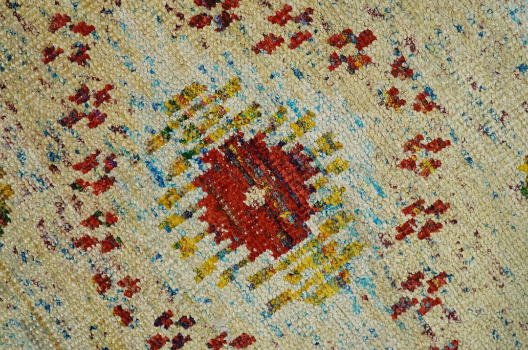 8x10 Hand Knotted Blue, Rust and Camel Persian made of Recycled Silk Area Rug | OP19 - The Rug Decor