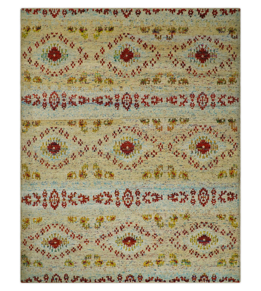 8x10 Hand Knotted Blue, Rust and Camel Persian made of Recycled Silk Area Rug | OP19 - The Rug Decor