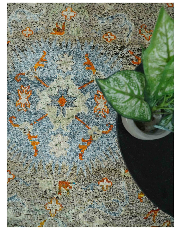 8x10 Hand Knotted Blue, Silver and Beige Antique Persian Style Contemporary Recycled Silk Area Rug | OP30 - The Rug Decor