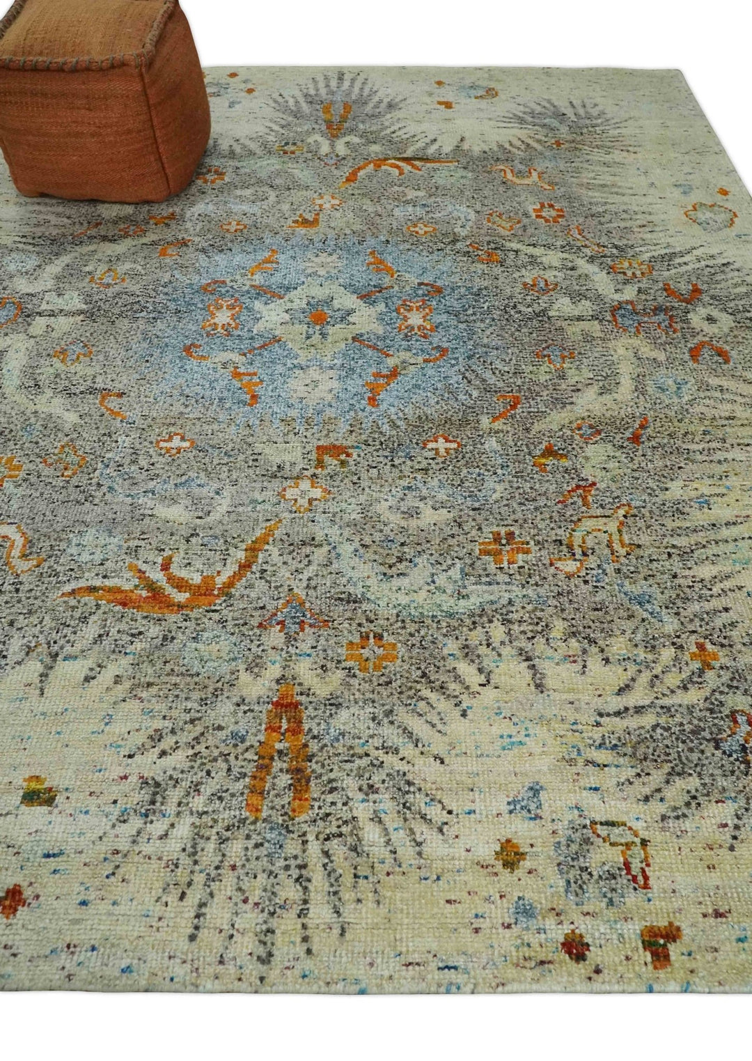 8x10 Hand Knotted Blue, Silver and Beige Antique Persian Style Contemporary Recycled Silk Area Rug | OP30 - The Rug Decor