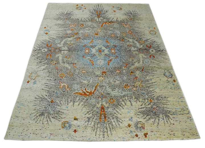 8x10 Hand Knotted Blue, Silver and Beige Antique Persian Style Contemporary Recycled Silk Area Rug | OP30 - The Rug Decor