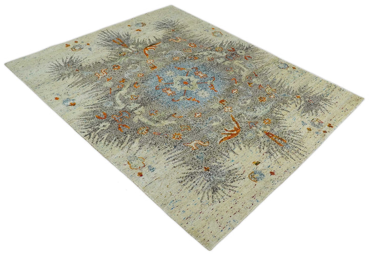 8x10 Hand Knotted Blue, Silver and Beige Antique Persian Style Contemporary Recycled Silk Area Rug | OP30 - The Rug Decor