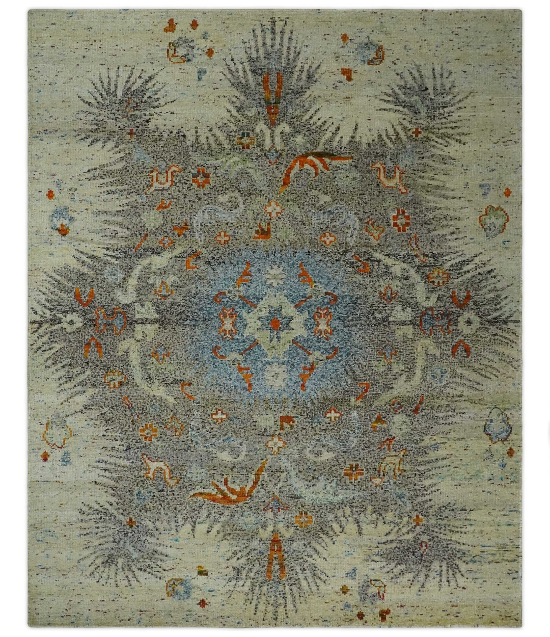 8x10 Hand Knotted Blue, Silver and Beige Antique Persian Style Contemporary Recycled Silk Area Rug | OP30 - The Rug Decor