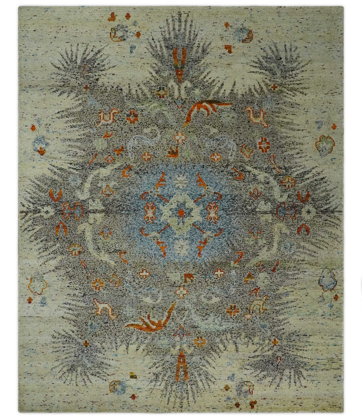 8x10 Hand Knotted Blue, Silver and Beige Antique Persian Style Contemporary Recycled Silk Area Rug | OP30 - The Rug Decor
