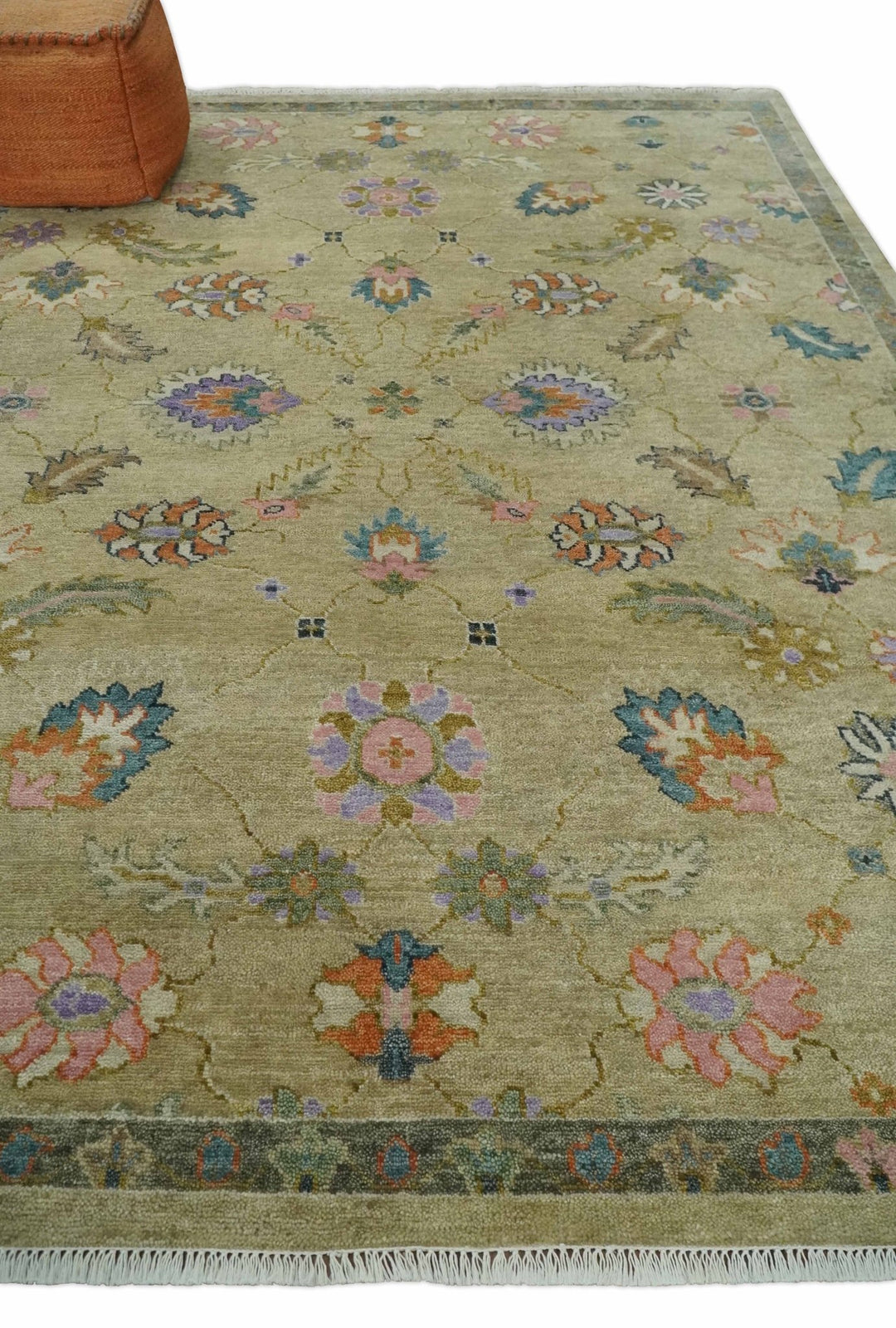 8x10 Hand Knotted Brown and Olive Traditional Vintage Persian Oushak Antique Wool Rug | TRDCP962810 - The Rug Decor