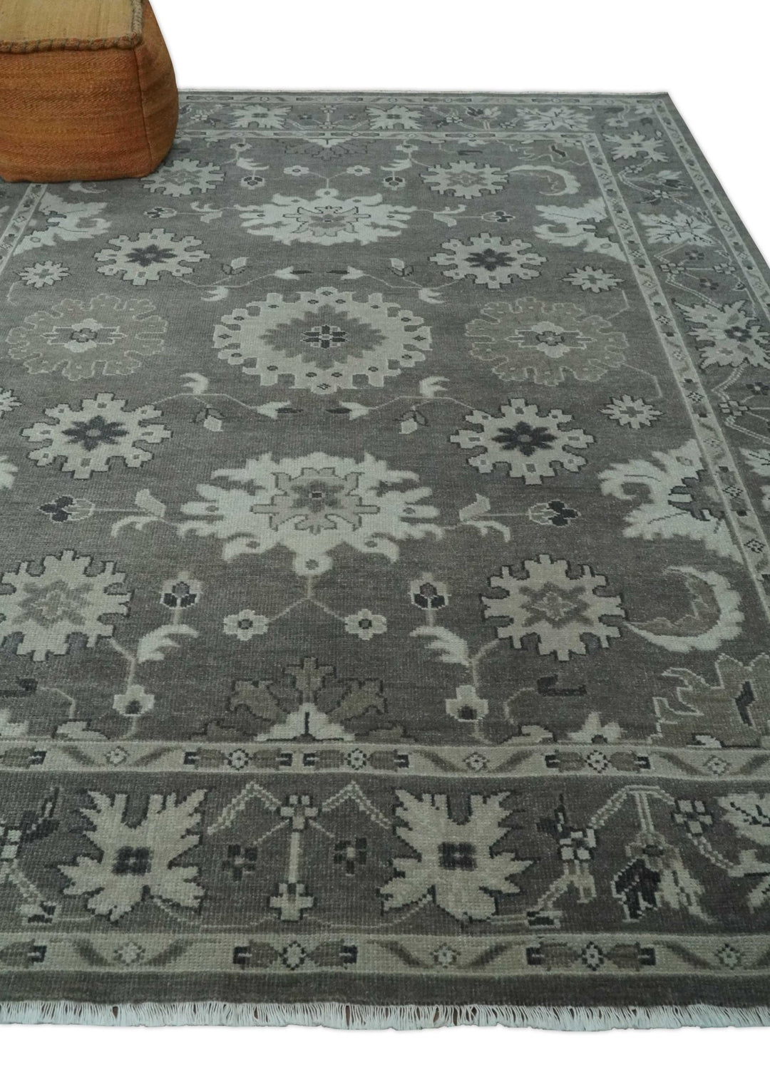 8x10 Hand Knotted Charcoal and Silver Traditional Oushak Wool Rug - The Rug Decor