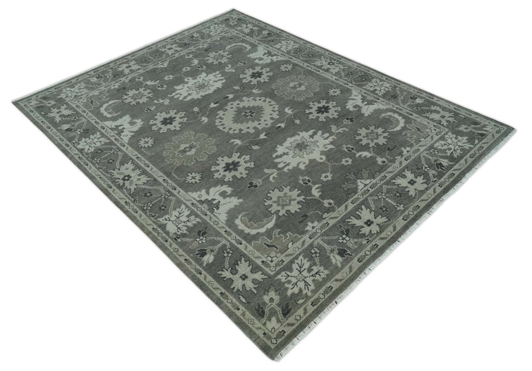8x10 Hand Knotted Charcoal and Silver Traditional Oushak Wool Rug - The Rug Decor