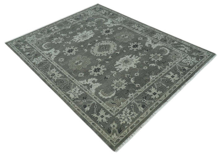 8x10 Hand Knotted Charcoal and Silver Traditional Oushak Wool Rug - The Rug Decor