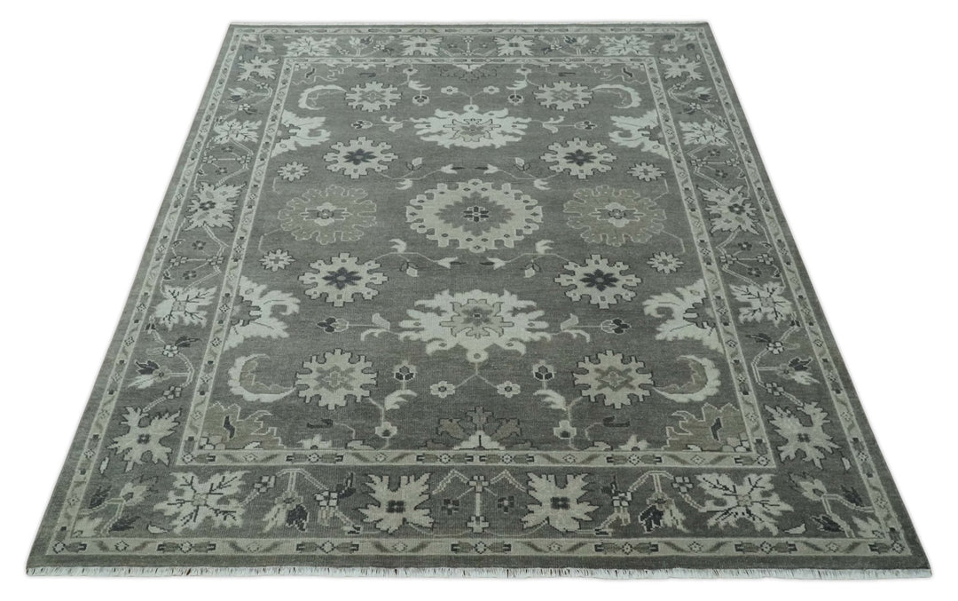 8x10 Hand Knotted Charcoal and Silver Traditional Oushak Wool Rug - The Rug Decor