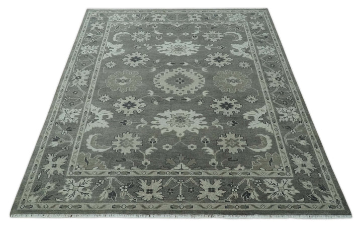 8x10 Hand Knotted Charcoal and Silver Traditional Oushak Wool Rug - The Rug Decor
