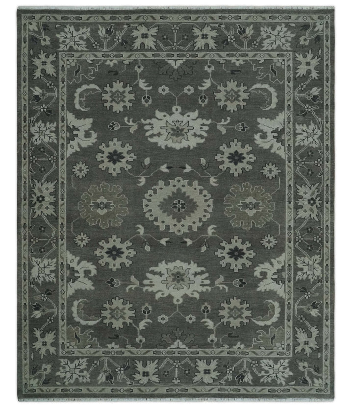 8x10 Hand Knotted Charcoal and Silver Traditional Oushak Wool Rug - The Rug Decor