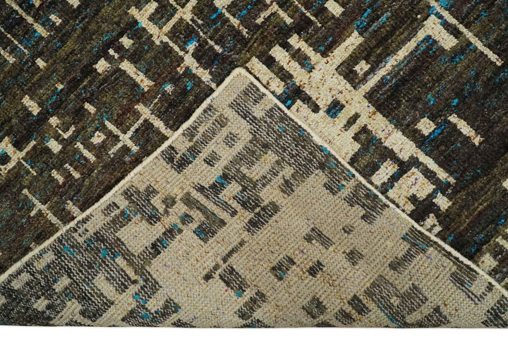 8x10 Hand Knotted Charcoal Beige Modern Abstract Contemporary Recycled Silk Area Rug | TRDOP1 - The Rug Decor