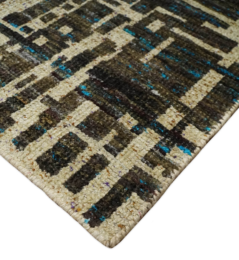 8x10 Hand Knotted Charcoal Beige Modern Abstract Contemporary Recycled Silk Area Rug | TRDOP1 - The Rug Decor