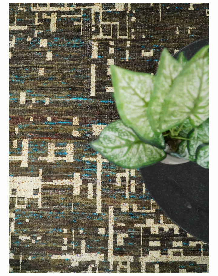 8x10 Hand Knotted Charcoal Beige Modern Abstract Contemporary Recycled Silk Area Rug | TRDOP1 - The Rug Decor