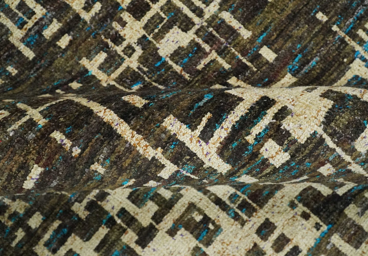 8x10 Hand Knotted Charcoal Beige Modern Abstract Contemporary Recycled Silk Area Rug | TRDOP1 - The Rug Decor