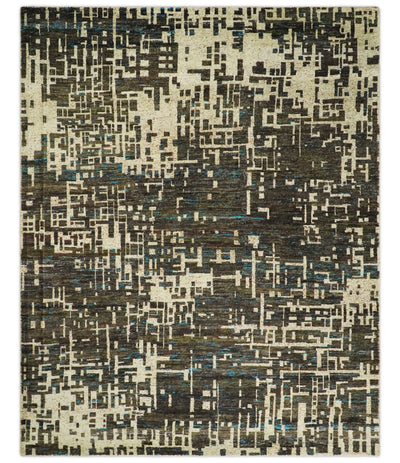 8x10 Hand Knotted Charcoal Beige Modern Abstract Contemporary Recycled Silk Area Rug | TRDOP1 - The Rug Decor