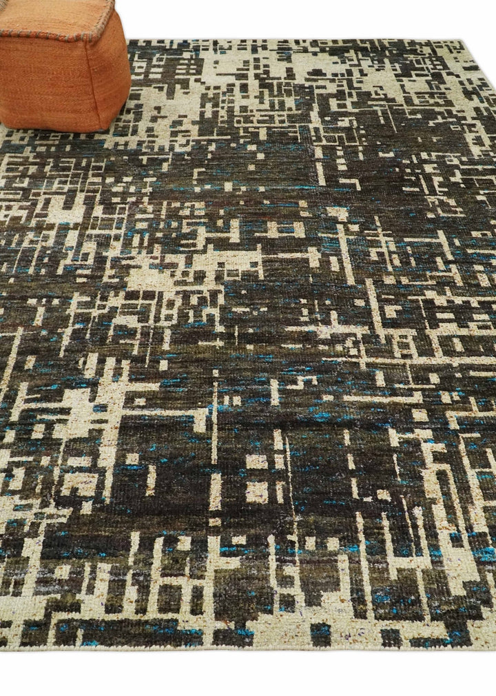 8x10 Hand Knotted Charcoal Beige Modern Abstract Contemporary Recycled Silk Area Rug | TRDOP1 - The Rug Decor
