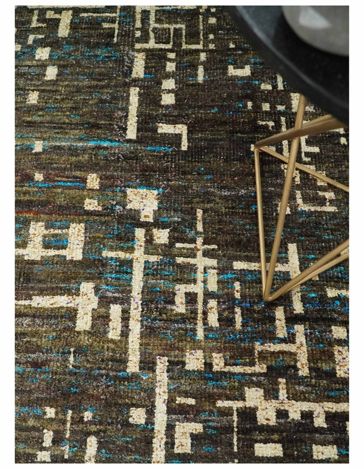 8x10 Hand Knotted Charcoal Beige Modern Abstract Contemporary Recycled Silk Area Rug | TRDOP1 - The Rug Decor