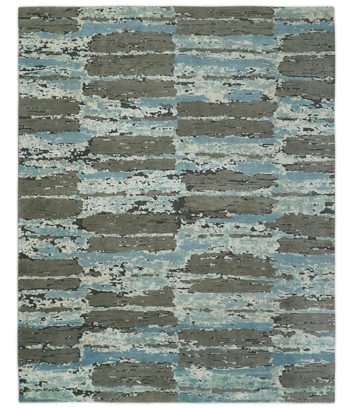 8x10 Hand Knotted Charcoal, Ivory and Aqua Modern Abstract Wool Area Rug - The Rug Decor