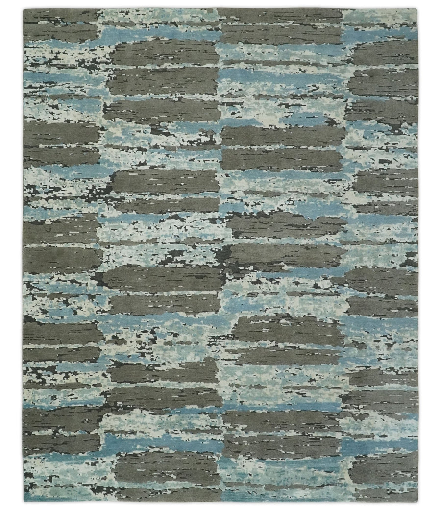 8x10 Hand Knotted Charcoal, Ivory and Aqua Modern Abstract Wool Area Rug - The Rug Decor