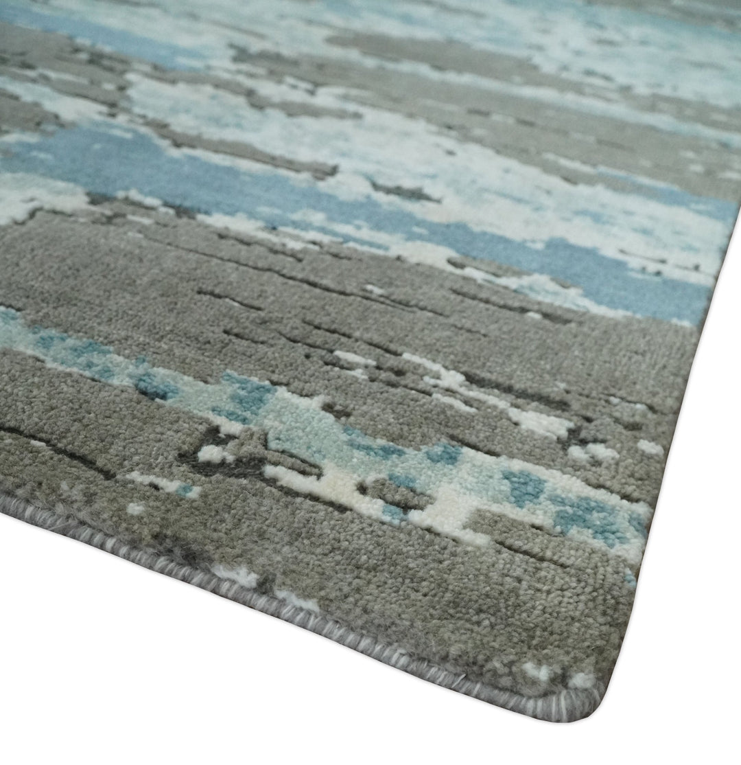8x10 Hand Knotted Charcoal, Ivory and Aqua Modern Abstract Wool Area Rug - The Rug Decor