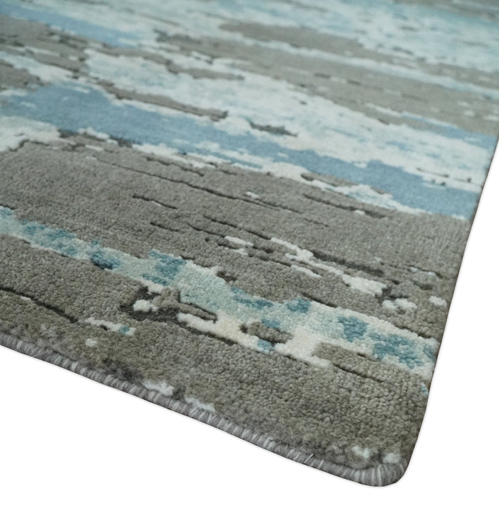 8x10 Hand Knotted Charcoal, Ivory and Aqua Modern Abstract Wool Area Rug - The Rug Decor