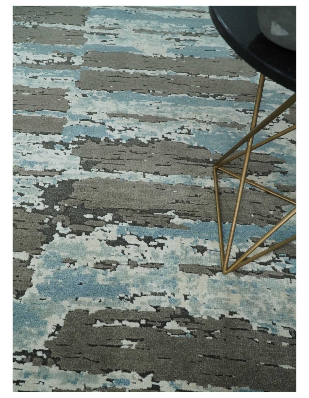 8x10 Hand Knotted Charcoal, Ivory and Aqua Modern Abstract Wool Area Rug - The Rug Decor
