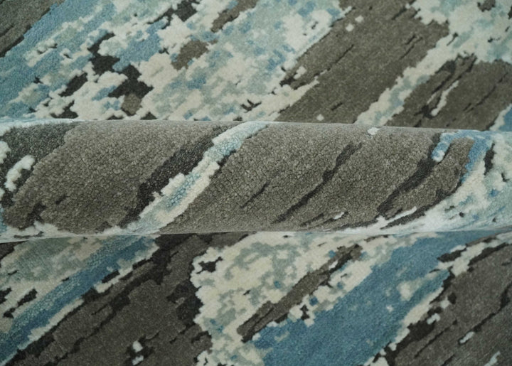 8x10 Hand Knotted Charcoal, Ivory and Aqua Modern Abstract Wool Area Rug - The Rug Decor