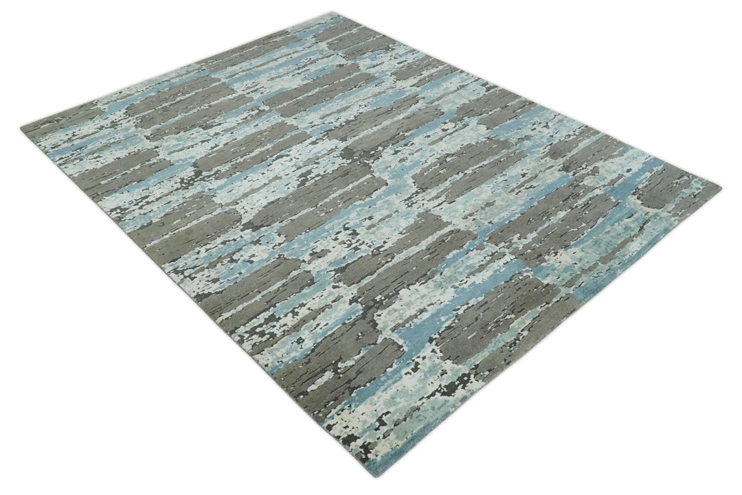 8x10 Hand Knotted Charcoal, Ivory and Aqua Modern Abstract Wool Area Rug - The Rug Decor