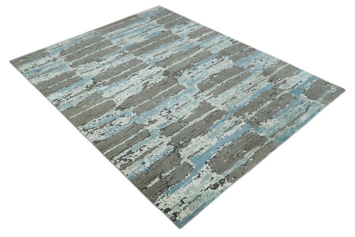 8x10 Hand Knotted Charcoal, Ivory and Aqua Modern Abstract Wool Area Rug - The Rug Decor