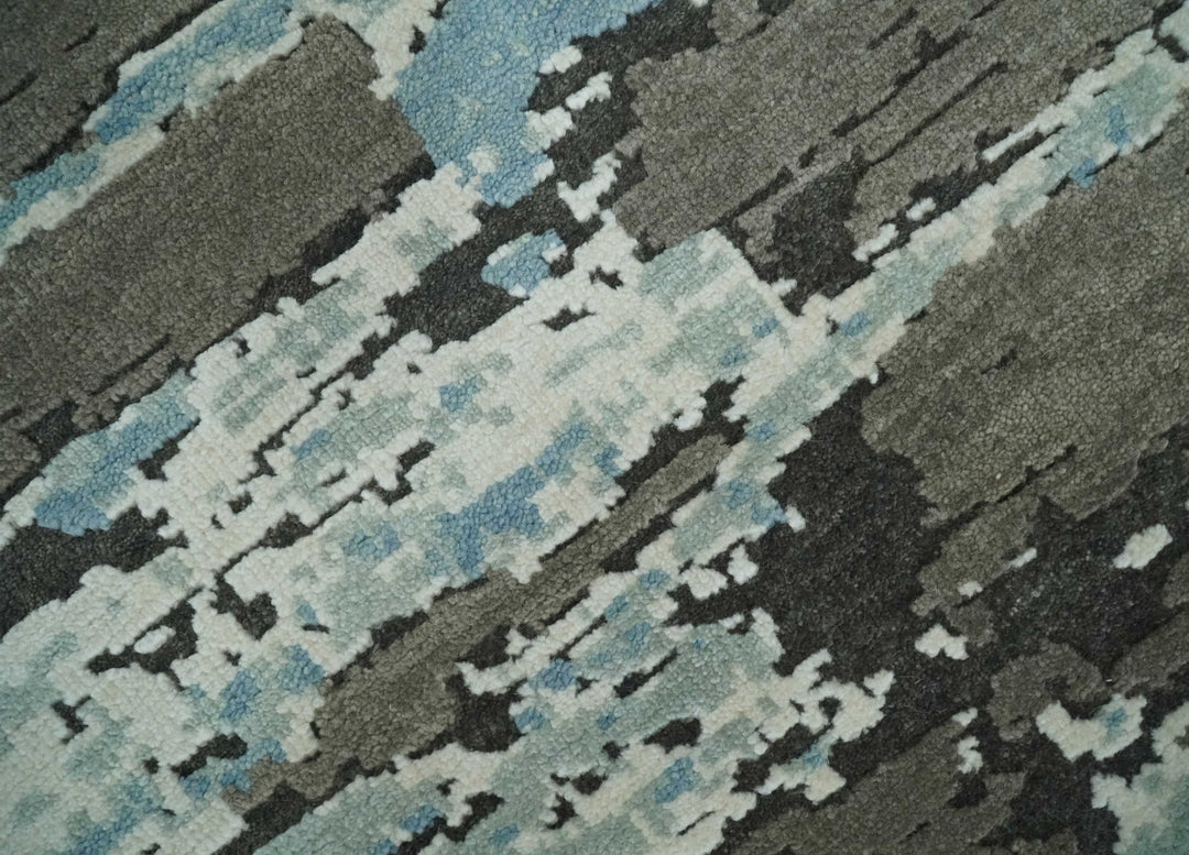 8x10 Hand Knotted Charcoal, Ivory and Aqua Modern Abstract Wool Area Rug - The Rug Decor