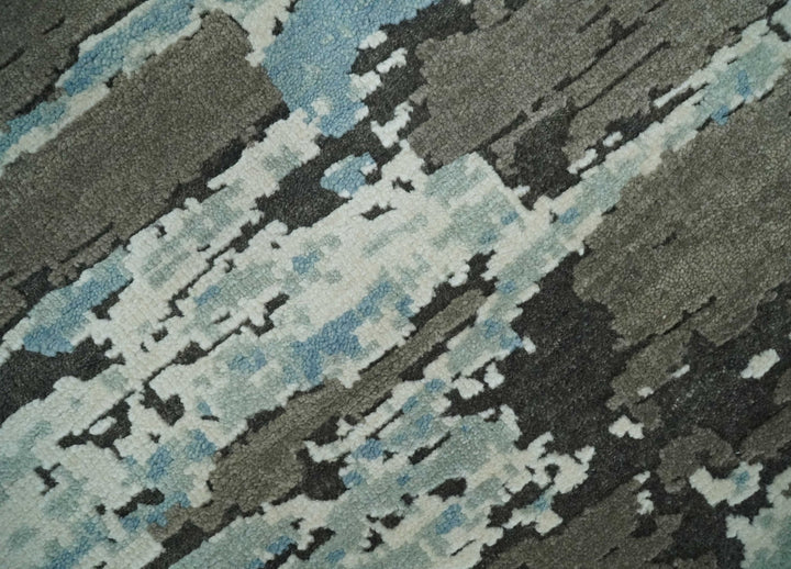 8x10 Hand Knotted Charcoal, Ivory and Aqua Modern Abstract Wool Area Rug - The Rug Decor