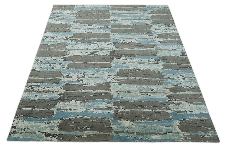 8x10 Hand Knotted Charcoal, Ivory and Aqua Modern Abstract Wool Area Rug - The Rug Decor