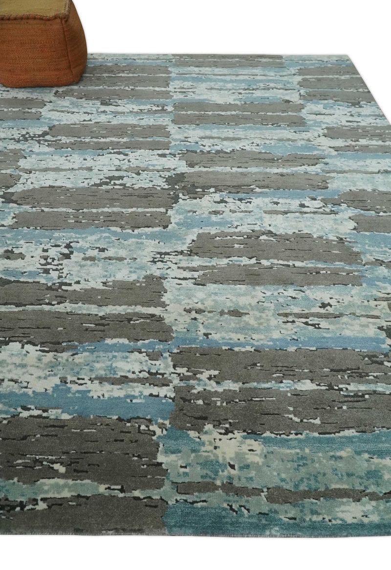 8x10 Hand Knotted Charcoal, Ivory and Aqua Modern Abstract Wool Area Rug - The Rug Decor