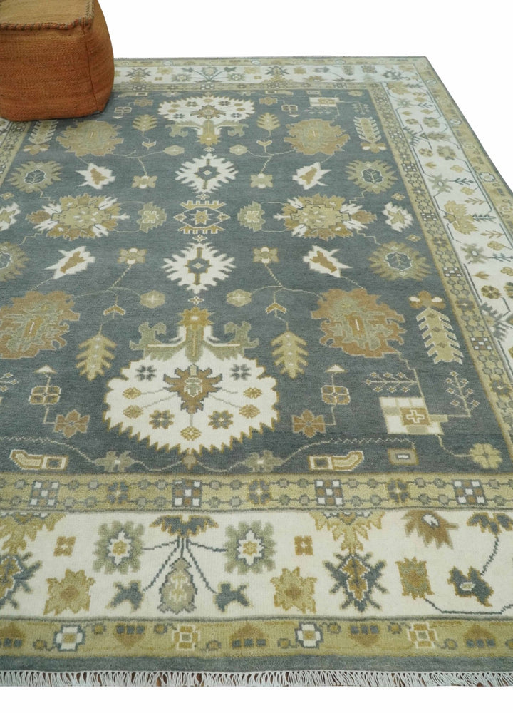 8x10 Hand Knotted Charcoal, Ivory and Beige Traditional Oriental Oushak Wool Rug - The Rug Decor
