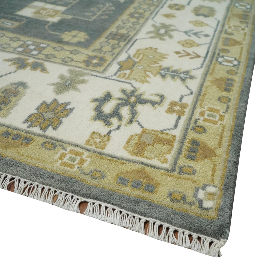 8x10 Hand Knotted Charcoal, Ivory and Beige Traditional Oriental Oushak Wool Rug - The Rug Decor