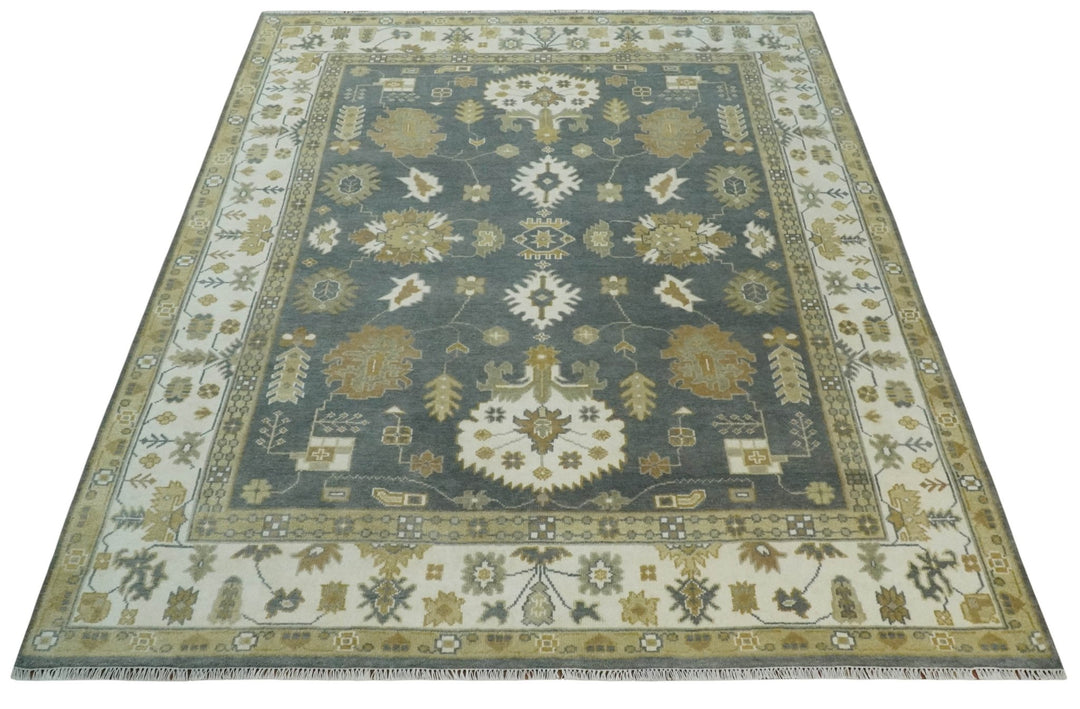 8x10 Hand Knotted Charcoal, Ivory and Beige Traditional Oriental Oushak Wool Rug - The Rug Decor
