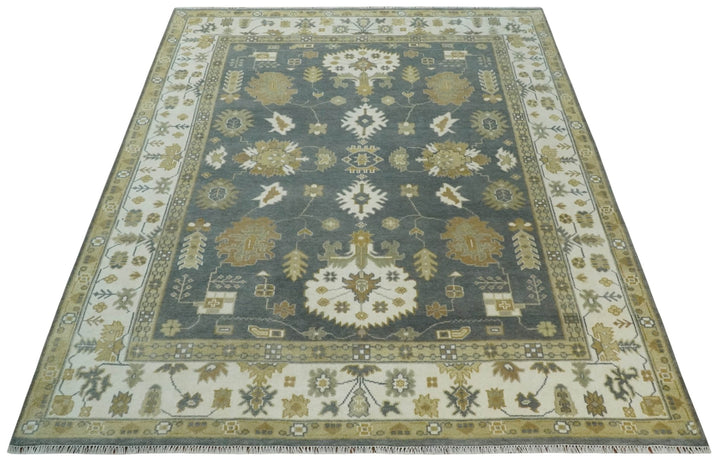 8x10 Hand Knotted Charcoal, Ivory and Beige Traditional Oriental Oushak Wool Rug - The Rug Decor