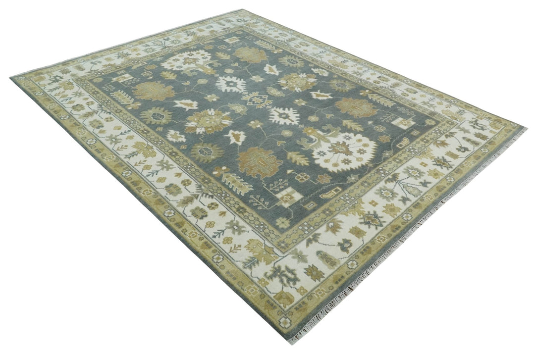 8x10 Hand Knotted Charcoal, Ivory and Beige Traditional Oriental Oushak Wool Rug - The Rug Decor