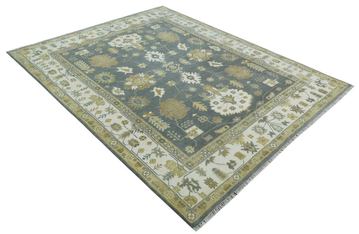 8x10 Hand Knotted Charcoal, Ivory and Beige Traditional Oriental Oushak Wool Rug - The Rug Decor
