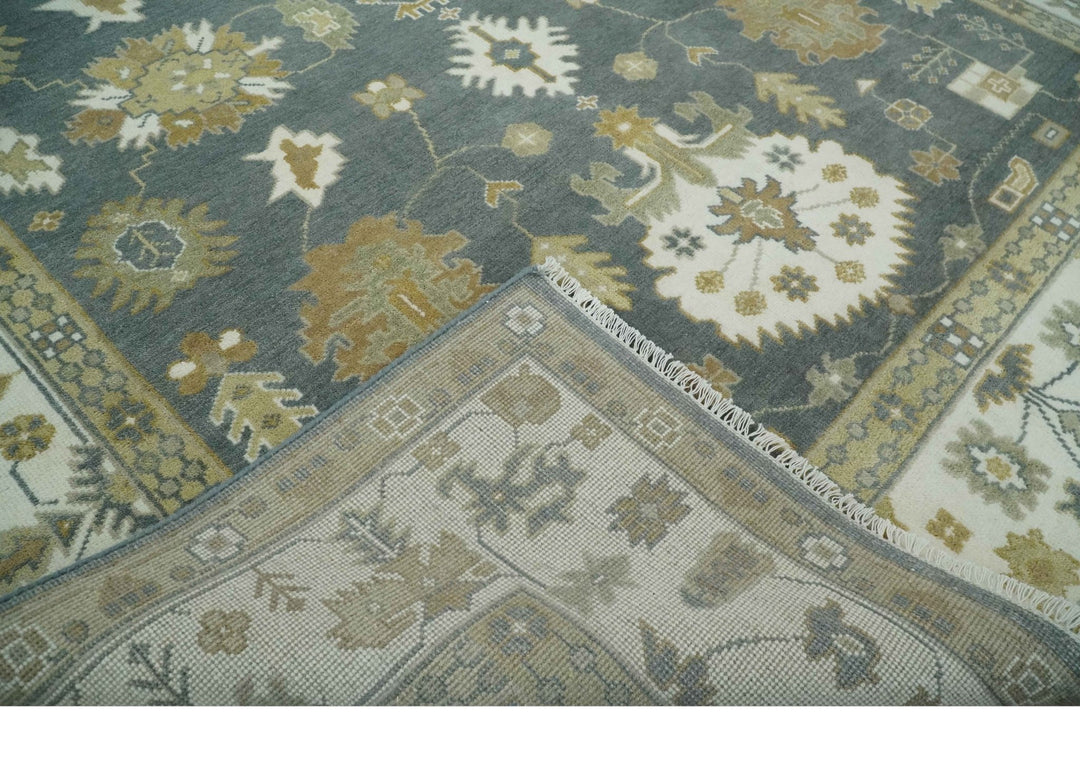 8x10 Hand Knotted Charcoal, Ivory and Beige Traditional Oriental Oushak Wool Rug - The Rug Decor