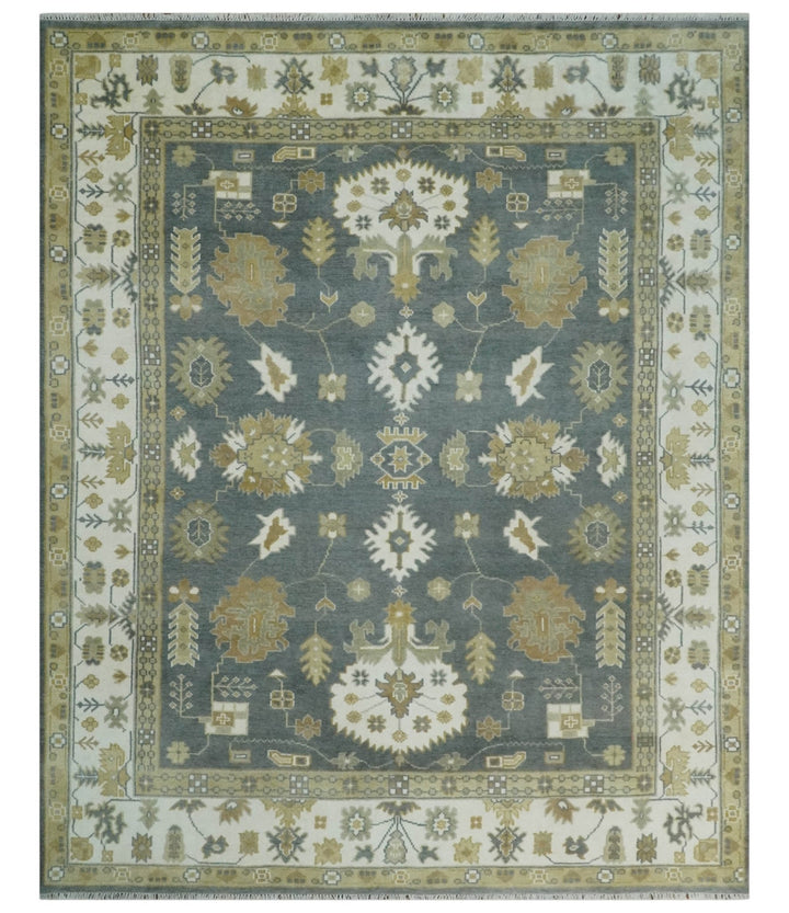 8x10 Hand Knotted Charcoal, Ivory and Beige Traditional Oriental Oushak Wool Rug - The Rug Decor