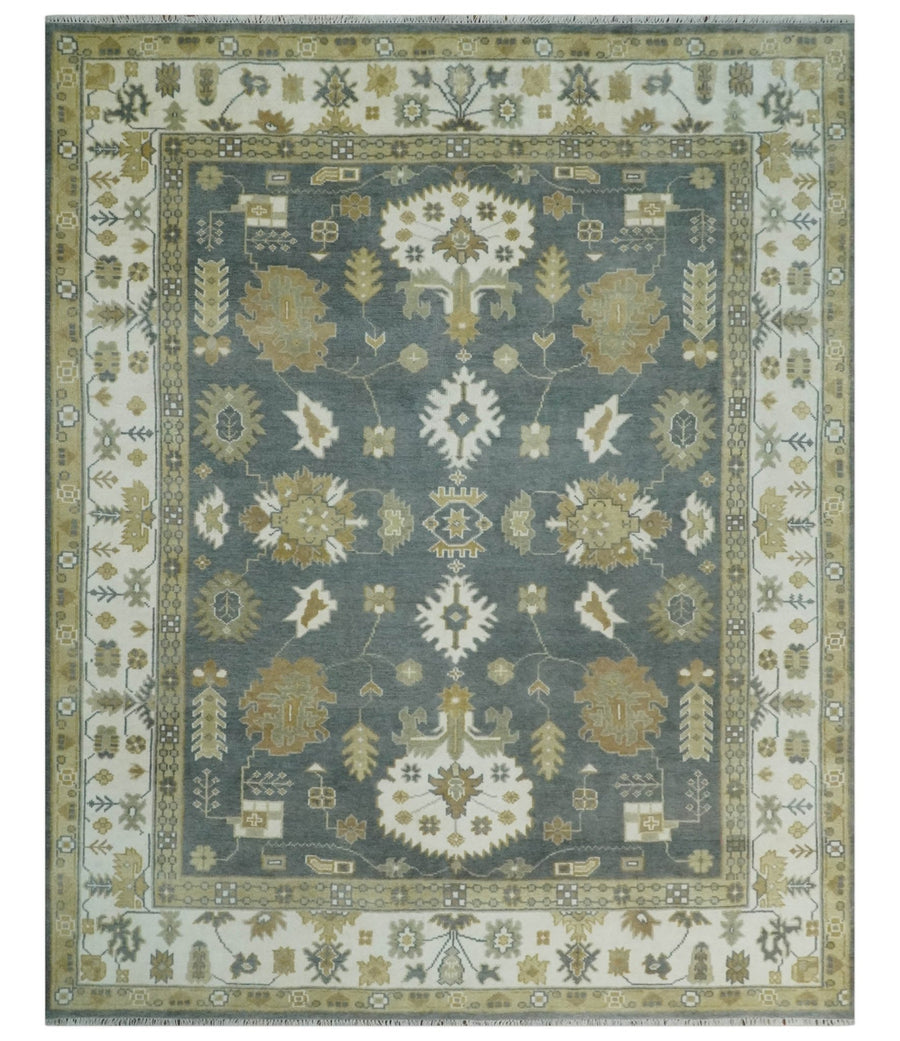 8x10 Hand Knotted Charcoal, Ivory and Beige Traditional Oriental Oushak Wool Rug - The Rug Decor