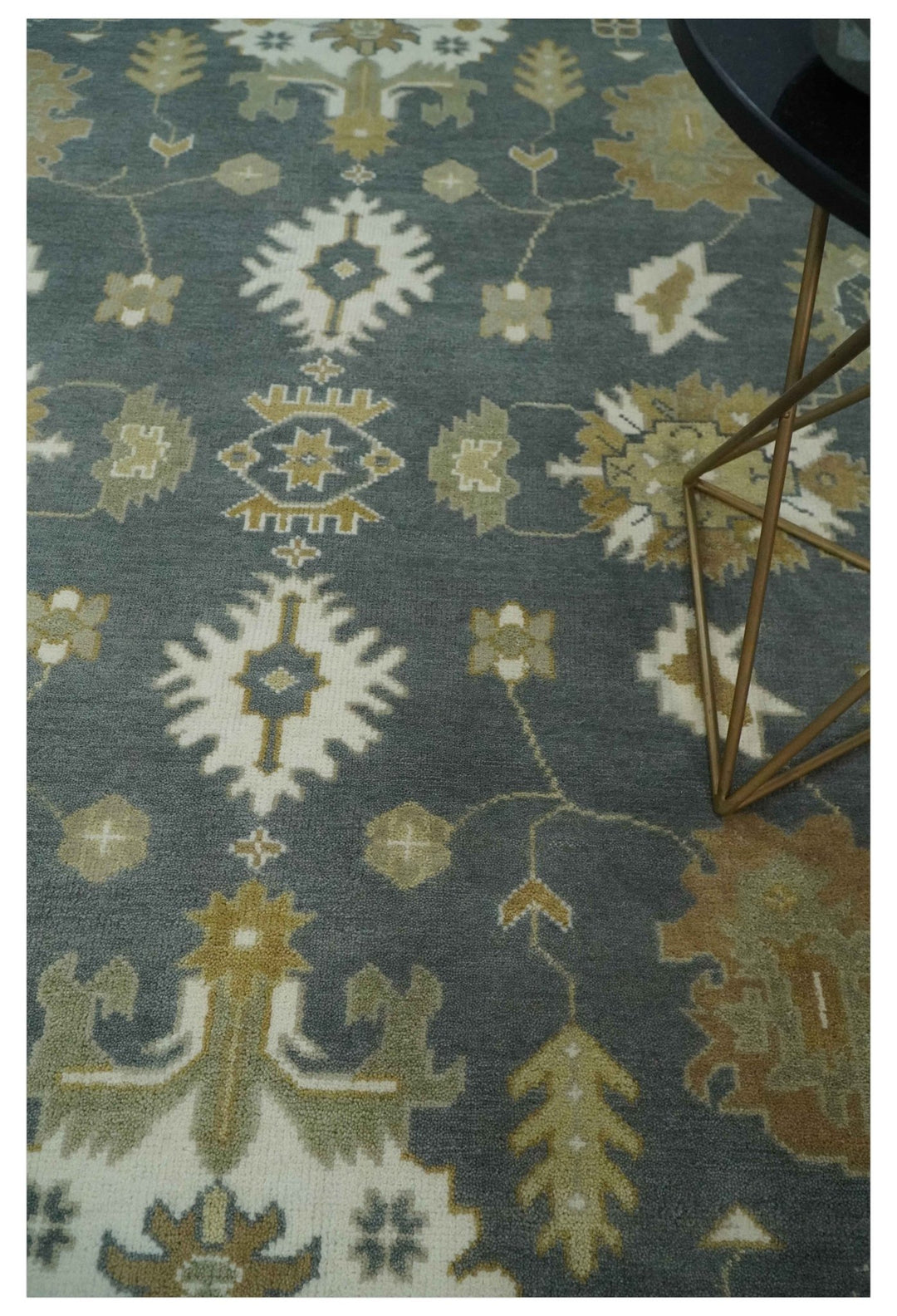 8x10 Hand Knotted Charcoal, Ivory and Beige Traditional Oriental Oushak Wool Rug - The Rug Decor