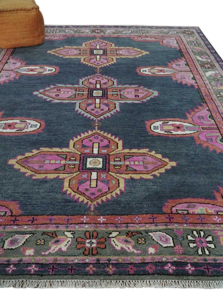 8x10 Hand Knotted Charcoal, Silver and Pink Traditional Wool Area Rug - The Rug Decor
