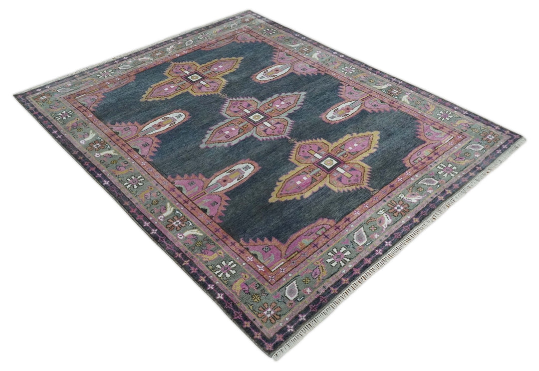 8x10 Hand Knotted Charcoal, Silver and Pink Traditional Wool Area Rug - The Rug Decor