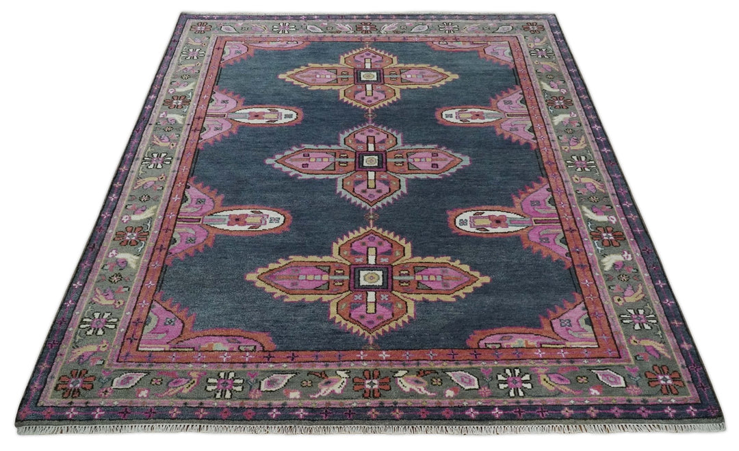 8x10 Hand Knotted Charcoal, Silver and Pink Traditional Wool Area Rug - The Rug Decor