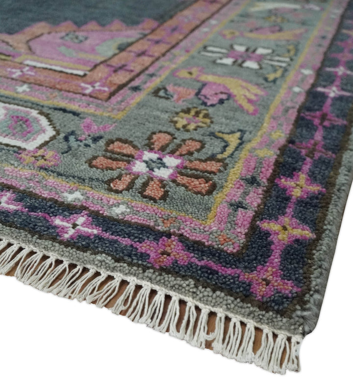 8x10 Hand Knotted Charcoal, Silver and Pink Traditional Wool Area Rug - The Rug Decor